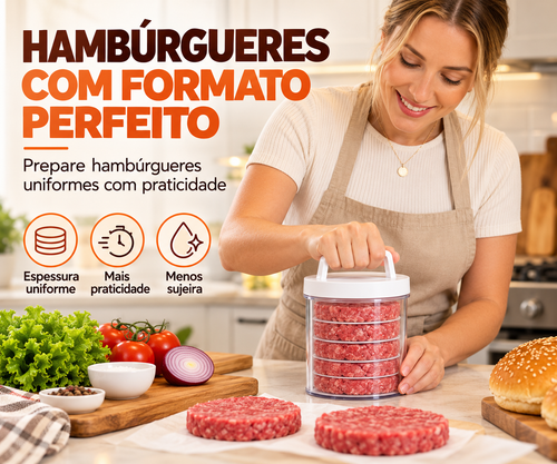 Mulher usando a prensa para fazer hambúrgueres com formato perfeito