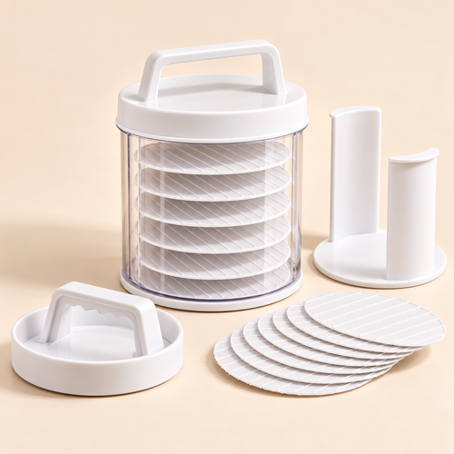Kit completo: pote com tampa, prensa, discos separadores e suporte